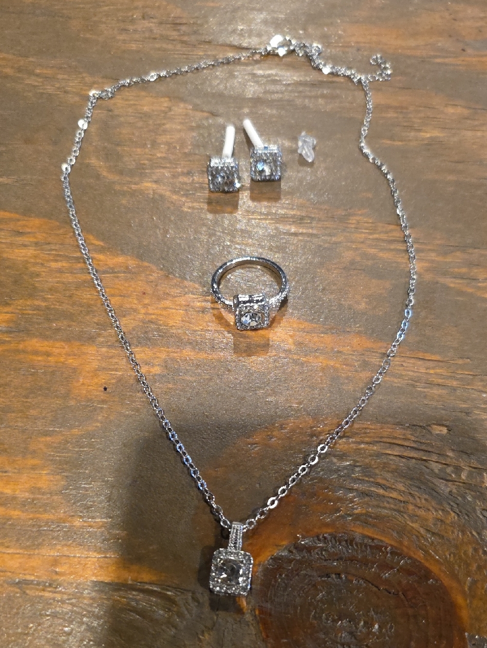 Silver-Tone Cubic Zirconia Necklace with Matching Ring & Stud Earrings - Clear